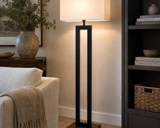 Modern Black Metal Open-Frame Floor Lamp with Wood Base - 5ft