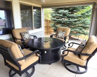 Christy Sports 5-Pc Patio Fire Pit Set w/ 4 Swivel Chairs, Sunbrella & Propane Tank