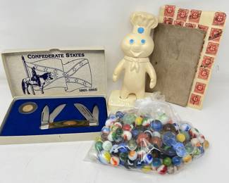 Vintage Collectibles Lot – 1971 Pillsbury Doughboy, Glass Marbles, Commemorative Pocketknife, Stamps