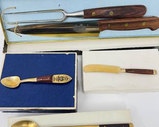 Vintage Victoria Rostfrei Carving Set + Thai. Brass and Wood Serving Utensils