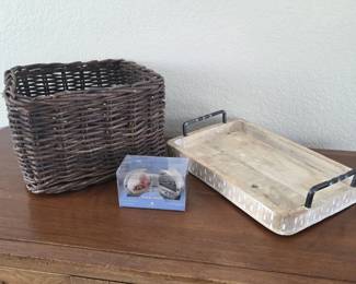 Rustic Home Décor Trio – Twig Basket, Wood Tray & Michael Graves Travel Clock