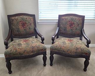 Pair of Bernhardt Carved Wood Armchairs with Floral Tapestry Upholstery - Furniture