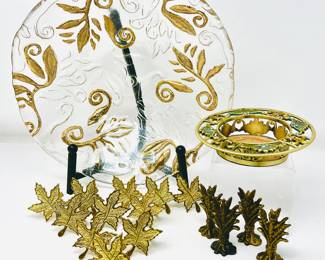 Brass tone Leaf Napkin Rings. Glass Bowl w/ Gold Details, Bottle Trivet, Place Card Holder