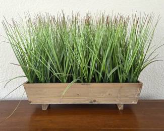 Faux Ornamental Grass in Rustic Wood Planter – 20" Long