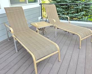 Pair of Howard Lorton Veranda Classics Adjustable Patio Chaise Lounges w/ Table