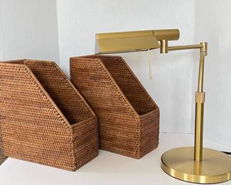 Brass Task Table Lamp w/ Articulating Adjustable Arm + Two Ratan Magazine or Document Holders