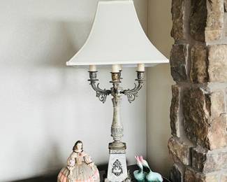 Vintage Multi-Light Table Lamp- Candelabra Style, Four Light Sockets- Two Figurines Hulls Ducks & Resin Court Lady