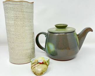 Mid Century Green/Gray Frankoma Teapot- Rustic Pottery Paired with Ceramic Vase & Small Hand Painted Trinket Box