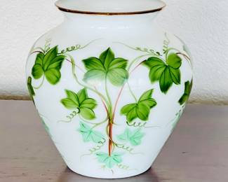 1950s Hand-Painted Milk Glass Vase- Green Ivy Design & Gold Rim- by Consolidated Glass Co.