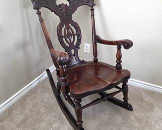 Antique Victorian Carved Wood Rocking Chair with Ornate Pierced Back