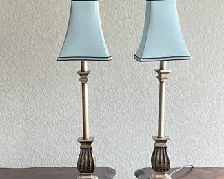 Pair of Traditional Slim Buffet/ Table lamps- 32” Antique Brass Finish with Bell-Shaped Fabric Shades