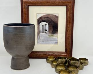 Ceramic Pedestal Vase- Carved Wood Picture Frame of Rustic Archway, Wall Art- Set of 12 Brass Napkin Rings