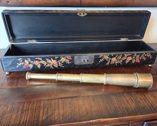 Civil War Era Brass Telescoping Spyglass with Decorative Wood Display Box - Antique