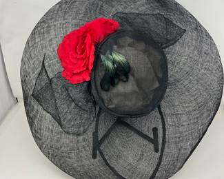 Carol Bader Design Couture Black Hat with Red Rose & Feather Accents