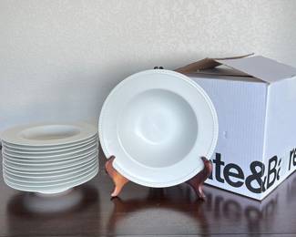 Crate & Barrel Staccato White Porcelain Low Bowls- Set of 12 + 1 Large Serving Bowl