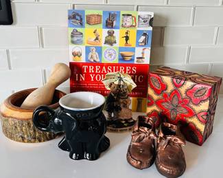 Eclectic Collectible Decor Lot with Treasures in Your Attic Book, Frankoma GOP Black Elephant Mug, & More