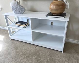 White Low Media Console / Bookshelf w/ Open Shelving & X-Side Detail – Wayfair - Furniture