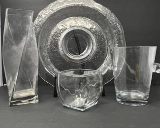 Glass Collection with Crate & Barrel Chip & Dip Platter - Twisted Glass Vase- Scrolled Handled Ice Bucket & Bowl