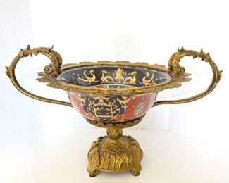 Ornate Asian-Inspired Ceramic & Brass Centerpiece Bowl with Dragon Handles