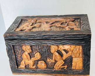 Tribal Hand-Carved Wooden Box- Small Jewelry or Storage Chest Approx. 13” x 8”