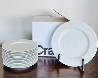 -Crate & Barrel Staccato White Porcelain Salad Plates- Set of 12 + 1 Large Serving Platter