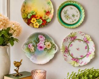 Set Of 4 Vintage Hand Painted Porcelain Decorative Plates- Romantic Floral Design 1900s
