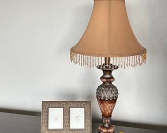 Traditional 30" Table Lamp with Bell Shaped Fabric Shade and Beaded Fringe + Coordinating Photo Frame