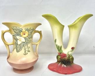 Set of Two Vintage Hulls Potter Vases- "Woodland" double bud & Double-Handled Iconic “Wildflower” Vase