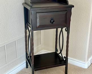 Black Wooden Accent Table w/ Metal Scrolled Legs- Lightweight, Raised Rim Top, Drawer, & Bottom Shelf- 16" x 12"