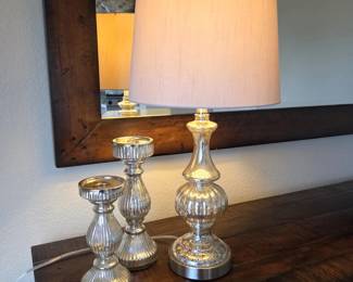 Mercury Glass Table Lamp & Graduated Pillar Candle Holders – 3-Piece Set