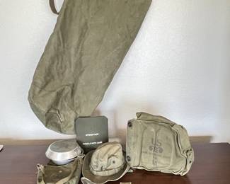 Vintage U.S. Military Field Gear Lot, Aluminum Mess Kit, Boonie Hat, Canvas Bags & Gear