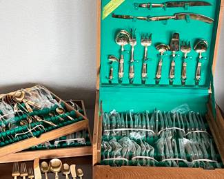 Mid-Century Bronze Flatware Set in Teakwood Chest - "Thepanom" Thai Deity Embossed Design- 138pc James Jewelers
