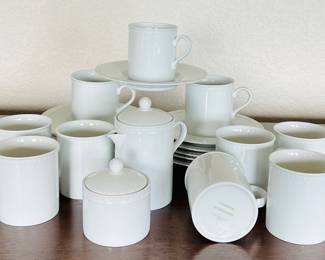 Crate & Barrel Staccato White Porcelain 8oz. Cups, Saucers, Set for 10- + Creamer & Sugar Set