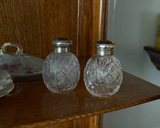vintage cut glass salt and pepper shakers, UV reactive