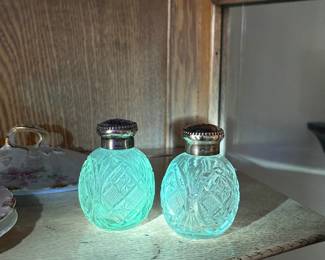 vintage cut glass salt and pepper shakers, UV reactive