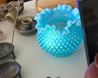 Fenton Blue Opalescent Hobnail Vase, UV reactive