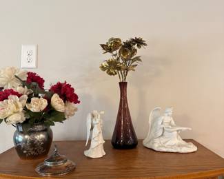 Avon Angelic Light & Angel Gabriel porcelain figurines, glass bud vase with brass-toned artificial flowers, artificial flowers in a polished metal urn vase