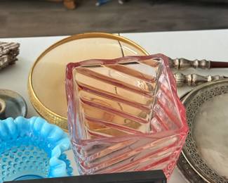 vintage pink chevron glass vase, UV reactive