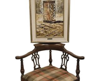 Flowers in Urn by Morris Katz Signed Framed Art  Vintage Corner Chair