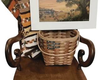 Vintage Wood Rocker, Framed Art, Afghan, And Basket