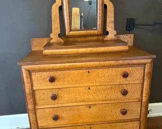 Burlwood Dresser with Mirror and Lift Top Vanity Storage