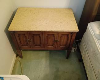 Vintage wooden side tables w/ shelving & marble top