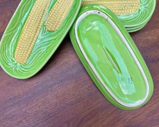 Majolica-style ceramic mid century 1950's corn on the cob serving dishes, made in Japan.