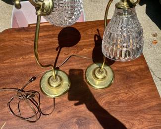 Pair of Brass Gooseneck desk lamps, diamond-cut glass shades