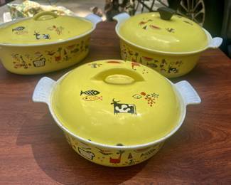 Descoware Enameled Cast iron casserole dishes, mid century modern animal and fish pattern by designer Robert Markley