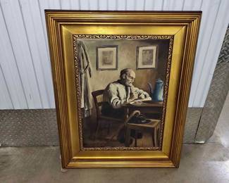 ANTIQUE OIL PAINTING MAN AT TABLE