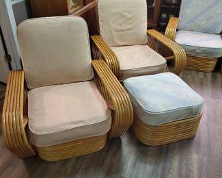 PAIR OF RARE VINTAGE PAUL FRANKL 6 BAND CHAIRS WITH ONE OTTOMAN