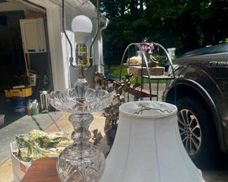 Hollywood Regency-style cut lead crystal and brass lamp