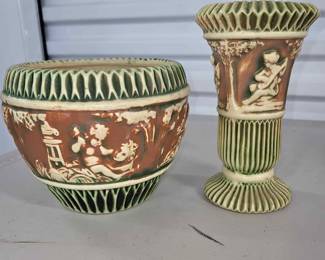 Roseville Donatello vases and pots pair