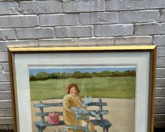 Impressionist/folk-style person sitting on park bench feeding pigeons, original 
